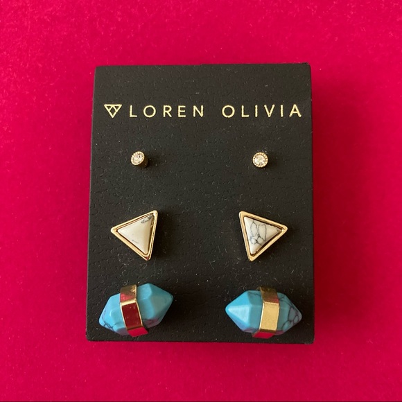 Loren Olivia Earrings | Three Pairs | Gold Tone & Stone Turquoise Tone - Picture 2 of 3